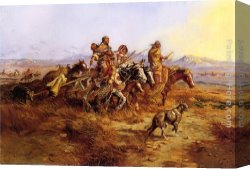 Indian Sacrifice Canvas Paintings - Indian Women Moving by Charles Marion Russell