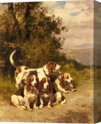 Charles Canvas Paintings - Hunting Dogs on a Forest Path by Charles Olivier De Penne