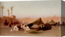 Before a Mosque (cairo) Canvas Paintings - A late afternoon meal at an encampment, Cairo by Charles Theodore Frere