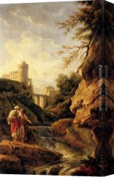 Peasants Canvas Paintings - Two female peasants by a waterfall, a town and aqueduct beyond by Claude-Joseph Vernet