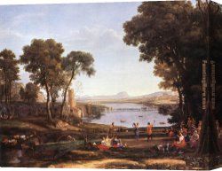 Figure Canvas Paintings - Landscape with Dancing Figures by Claude Lorrain