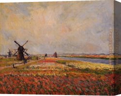 Windmill at Zaandam 2 Canvas Paintings - Fields of Flowers and Windmills near Leiden by Claude Monet