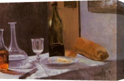Wine Canvas Paintings - Still Life with Bottles Carafe Bread and Wine by Claude Monet
