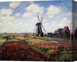 Windmill at Zaandam 2 Canvas Paintings - Tulip Fields With The Rijnsburg Windmill by Claude Monet
