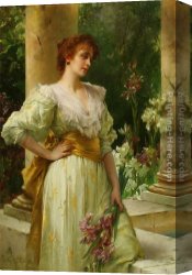 Irises Canvas Paintings - Woman Holding Irises by Conrad Kiesel