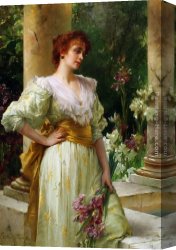 Irises Canvas Paintings - Woman in White Holding Irises by Conrad Kiesel