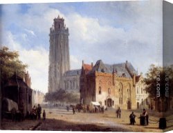 Cathedral Canvas Paintings - A Cathedral On A Townsquare In Summer by Cornelis Springer