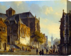 Figure Canvas Paintings - Figures on a Market Square in a Dutch Town by Cornelis Springer