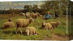 Landscape with Shepherds Watering Their Flocks Canvas Paintings - A Shepherd and His Dog Guarding a Flock of Sheep by Cornelis van Leemputten