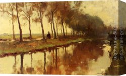 Peasants Canvas Paintings - A Peasant Woman On A Path Along A Canal by Cornelis Vreedenburgh