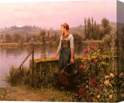 Nearing Camp on The Upper Colorado River Canvas Paintings - A Woman with a Watering Can by the River by Daniel Ridgway Knight
