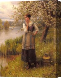 Flowering Apple Tree Branch Canvas Paintings - Beneath The Apple Tree by Daniel Ridgway Knight