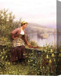 Stream Canvas Paintings - Brittany Girl Overlooking Stream by Daniel Ridgway Knight