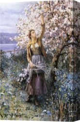 A Holiday Gathering Canvas Paintings - Gathering Apple Blossoms by Daniel Ridgway Knight