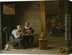 Boy Lighting a Pipe Canvas Paintings - A man and woman smoking a pipe seated in an interior with peasants playing cards on a table by David the Younger Teniers