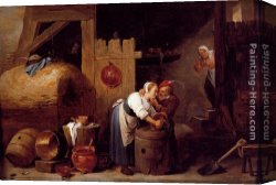 Pots Canvas Paintings - An Interior Scene With A Young Woman Scrubbing Pots While An Old Man Makes Advances by David the Younger Teniers