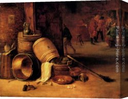 Pots Canvas Paintings - An interior scene with pots, barrels, baskets, onions and cabbages with boors carousing in the background by David the Younger Teniers