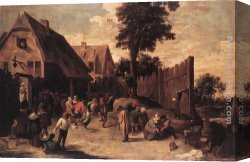Peasants Canvas Paintings - Peasants Dancing outside an Inn by David the Younger Teniers