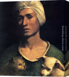 Portrait of a Young Benedictine Canvas Paintings - Portrait Of A Young Man With A Dog And A Cat by Dosso Dossi