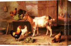 Feeding The Goldfish Canvas Paintings - Goat and chickens feeding in a cottage interior by Edgar Hunt