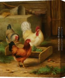 Feeding The Goldfish Canvas Paintings - Poultry Feeding in a Barn by Edgar Hunt