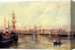 Marie Canvas Paintings - A Fishing Village by Edmond Marie Petitjean