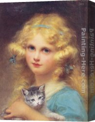 Portrait of a Girl Wearing a Pearl Necklace Canvas Paintings - Portrait of a young girl holding a kitten by Edouard Cabane