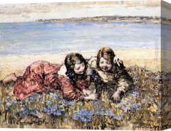A Holiday Gathering Canvas Paintings - Gathering Flowers by the Seashore by Edward Atkinson Hornel
