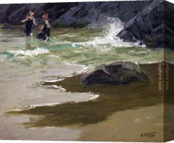 Potthast Canvas Paintings - Bathers by a Rocky Coast by Edward Henry Potthast