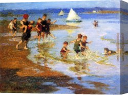 Potthast Canvas Paintings - Children at Play on the Beach by Edward Henry Potthast