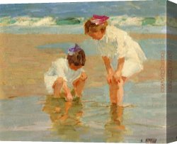 Potthast Canvas Paintings - Girls Playing in Surf by Edward Henry Potthast