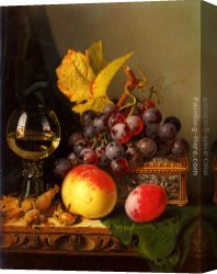 A Still Life with Flowers Grapes And a Melon Canvas Paintings - A Still Life of Black Grapes, a Peach, a Plum, Hazelnuts, a Metal Casket and a Wine Glass on a Carved Wooden Ledge by Edward Ladell