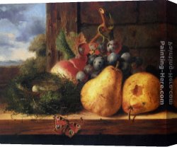 The Wasp's Nest Canvas Paintings - Still life with a birds nest and fruit by Edward Ladell