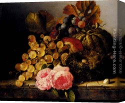 A Still Life with Flowers Grapes And a Melon Canvas Paintings - Still Life With A Birds Nest, Roses, A Melon And Grapes by Edward Ladell