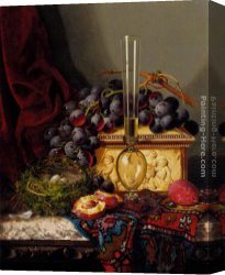 The Wasp's Nest Canvas Paintings - Still Life With Fruit, Birds Nest, Glass Vase And Casket by Edward Ladell