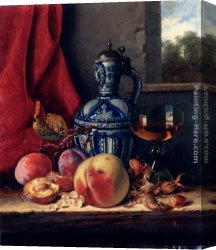 Still Life of Marigolds in a Westerwald Jug Canvas Paintings - Still Life with Peaches, Whitecurrants, Hazelnuts, a Glass and a Stoneware Jug on a wooden Ledge with a Landscape beyond by Edward Ladell