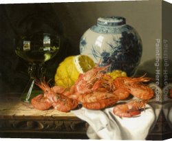 Pots Canvas Paintings - Still Life with Prawns and a Delft Pot by Edward Ladell