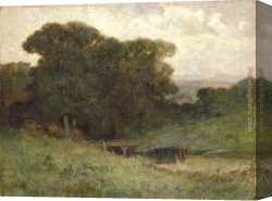 Stream Canvas Paintings - forest scene with bridge, cows in stream in foreground by Edward Mitchell Bannister