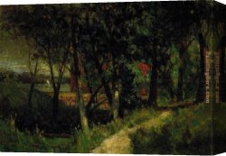 Building Canvas Paintings - landscape, forest scene with red fence and building by Edward Mitchell Bannister