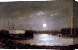 Scene Canvas Paintings - moon over a harbor, wharf scene with full moon and masts of boats by Edward Mitchell Bannister