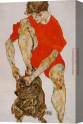Model Canvas Paintings - Female Model in Bright Red Jacket and Pants by Egon Schiele