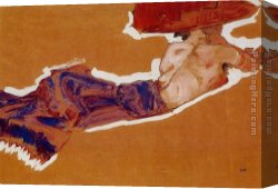 Nude Canvas Paintings - Reclining Semi Nude with Red Hat Gertrude Schiele by Egon Schiele