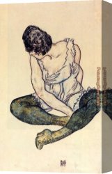 Seated Canvas Paintings - Seated Woman with Green Stockings by Egon Schiele