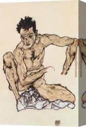 Male Canvas Paintings - Squatting male act selfportrait by Egon Schiele