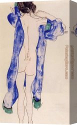 Nude Canvas Paintings - Standing Female Nude in a Blue Robe by Egon Schiele