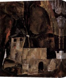 Ground Canvas Paintings - Wall and house before h'gligem ground with fence by Egon Schiele