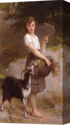 Munier Canvas Paintings - Young Girl with Goat & Flowers by Emile Munier