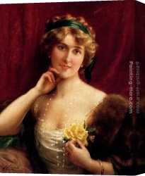 Vernon Canvas Paintings - An Elegant Lady With A Yellow Rose by Emile Vernon