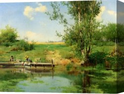 Nearing Camp on The Upper Colorado River Canvas Paintings - Laundry at the Edge of the River by Emilio Sanchez-Perrier