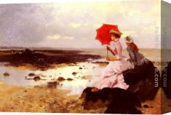 Ernest Canvas Paintings - Au Bord De La Plage Sur Un Rocher by Ernest Ange Duez